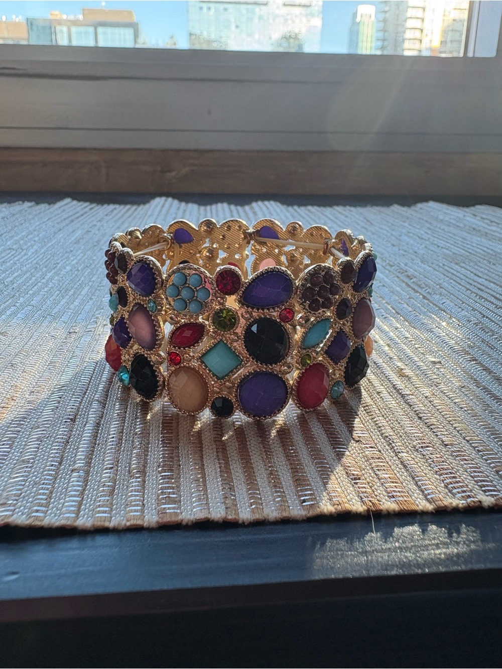 Gold Multicolor Gemstone Stretch Cuff Bracelet